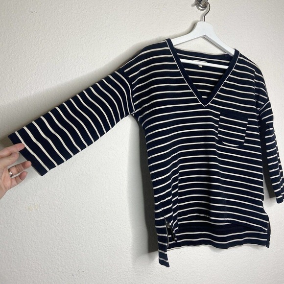 Madewell Dark Navy and White Striped Zipper Hem 3/4 Sleeve Shirt Sz S - Picture 5 of 8
